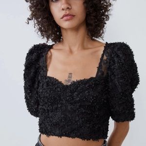 NWT Zara black textured tulle top